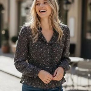 MADEWELL -100% Silk- Star Print Peplum Blouse Ruffle Collar Long Sleeve size XS